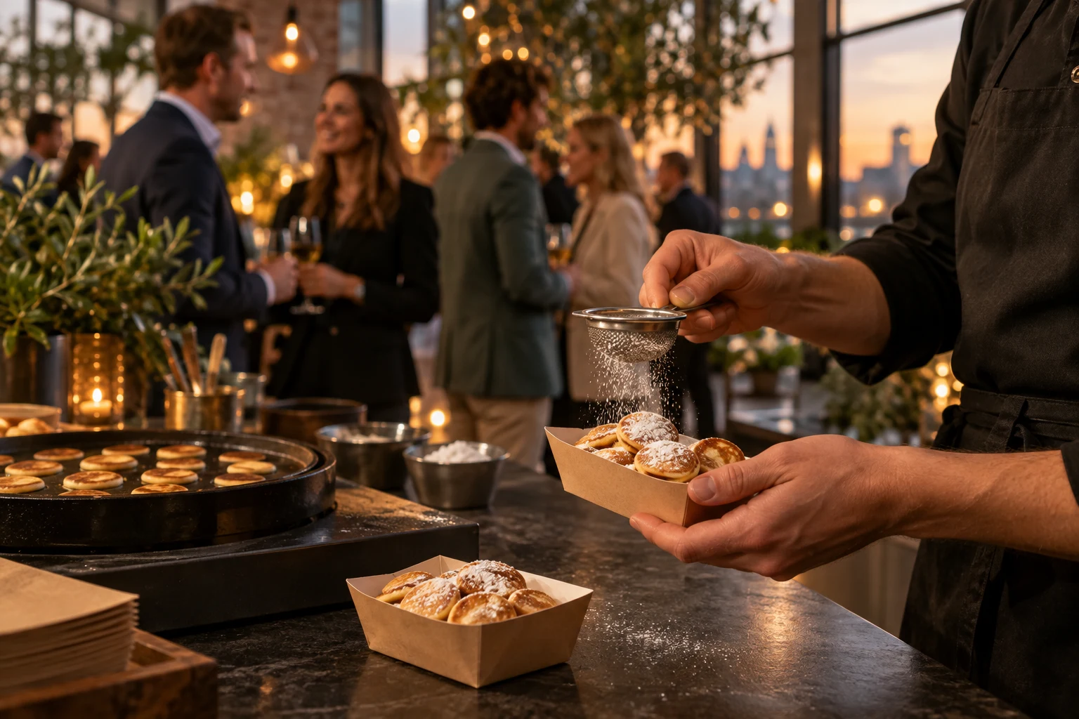 Sfeerbeeld van versgebakken poffertjes bij een zakelijke ontvangst
